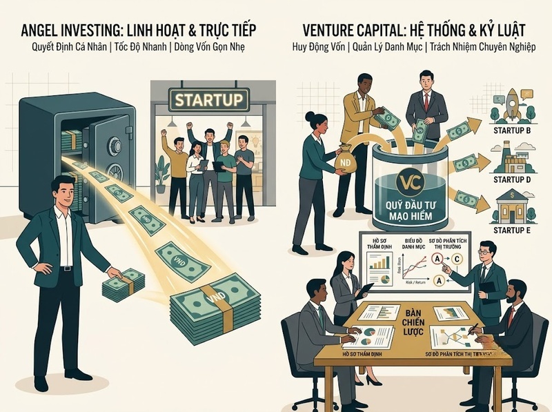 Angel Investor và Venture Capital khác nhau về vốn, giai đoạn và cách đầu tư