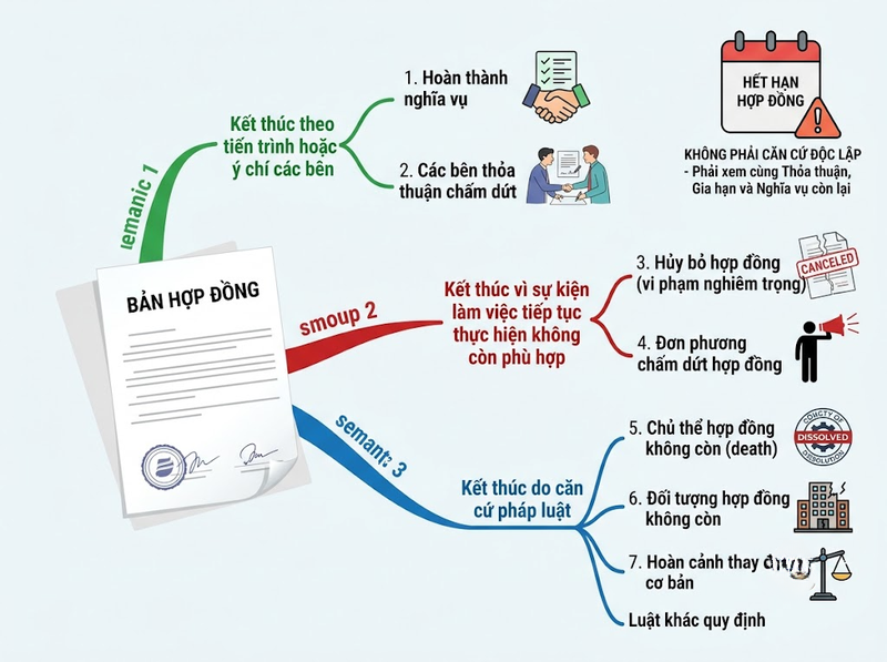 Chấm dứt hợp đồng xảy ra khi nghĩa vụ hoàn thành hoặc có căn cứ pháp lý