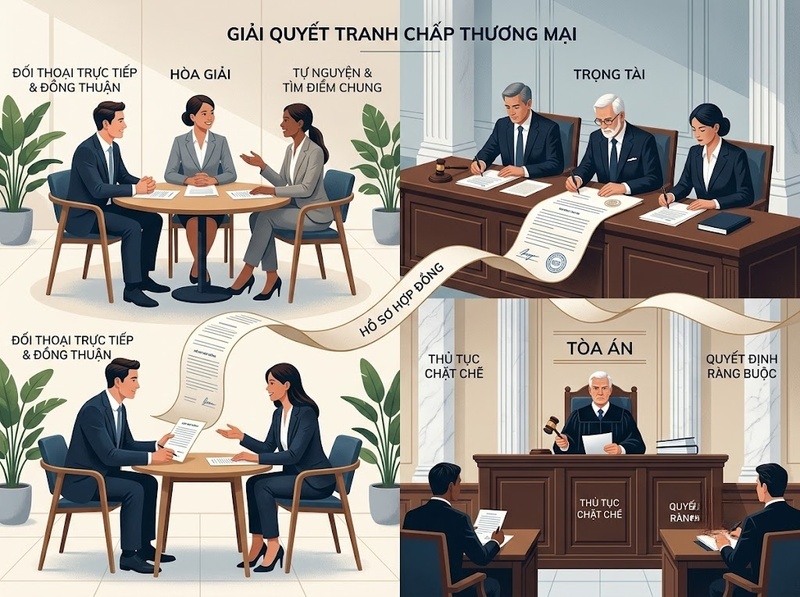 Giải quyết tranh chấp hợp đồng thương mại bằng thương lượng, hòa giải, trọng tài hoặc tòa án