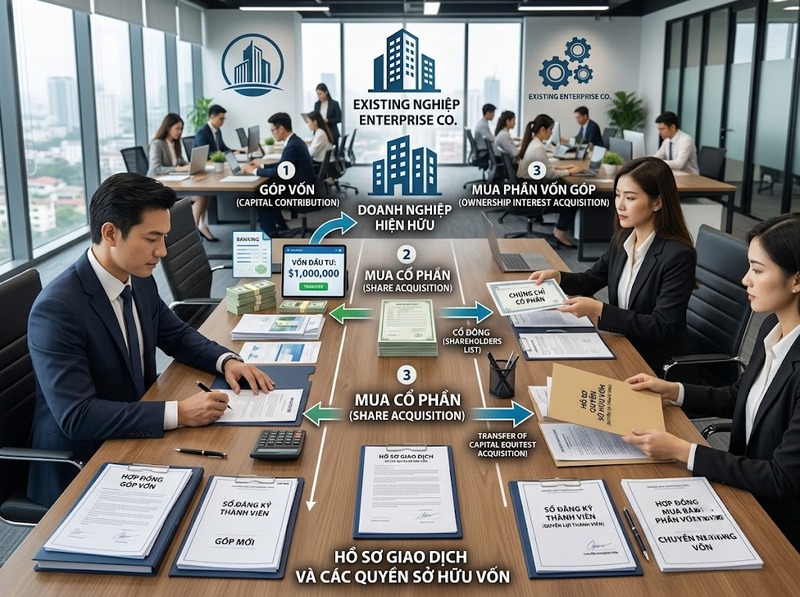 Hình thức đầu tư vào doanh nghiệp gồm góp vốn, mua vốn và giao dịch nào?