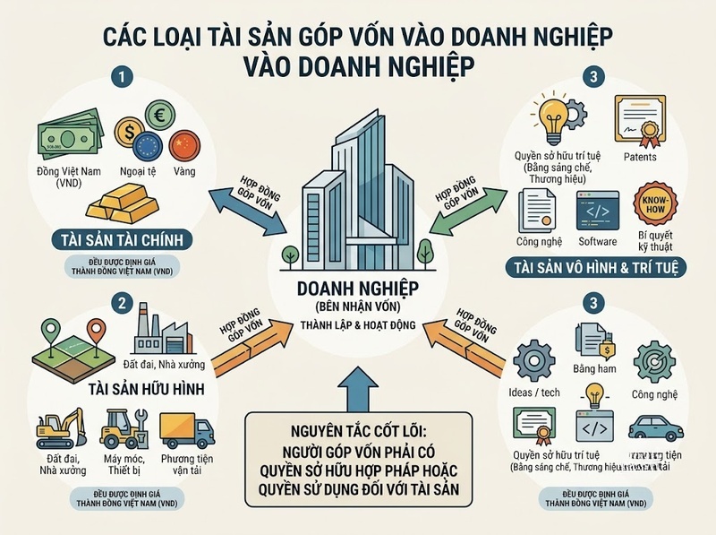 Hình thức góp vốn được thực hiện bằng tiền, tài sản và quyền tài sản nào?
