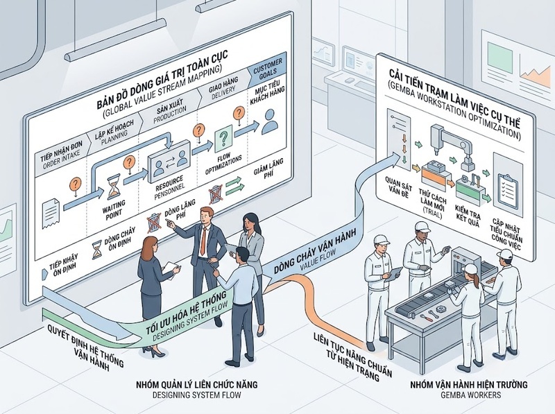 Lean và Kaizen khác nhau về phạm vi, mục tiêu và cách triển khai